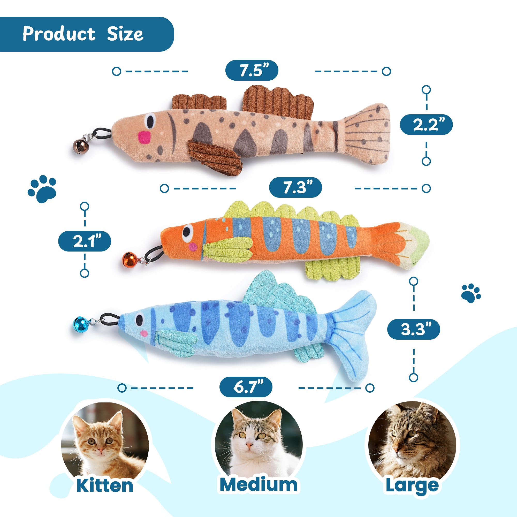 3 Pack Stripey Trophy Fish 100% Pure Catnip Filled Cat Toys with Bell