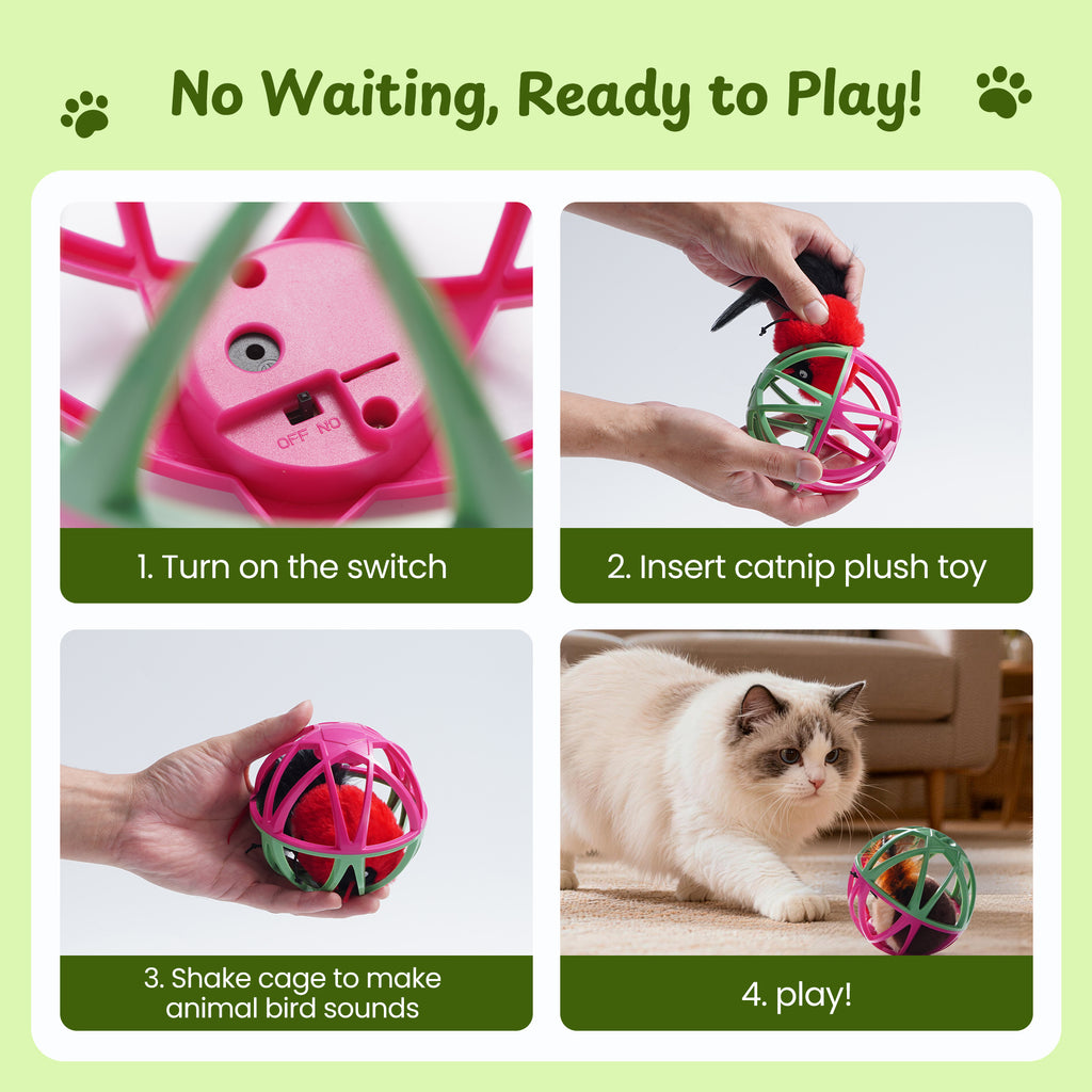 Twittering Rolling Ball Cat Toy with 2 Pack Catnip Birds