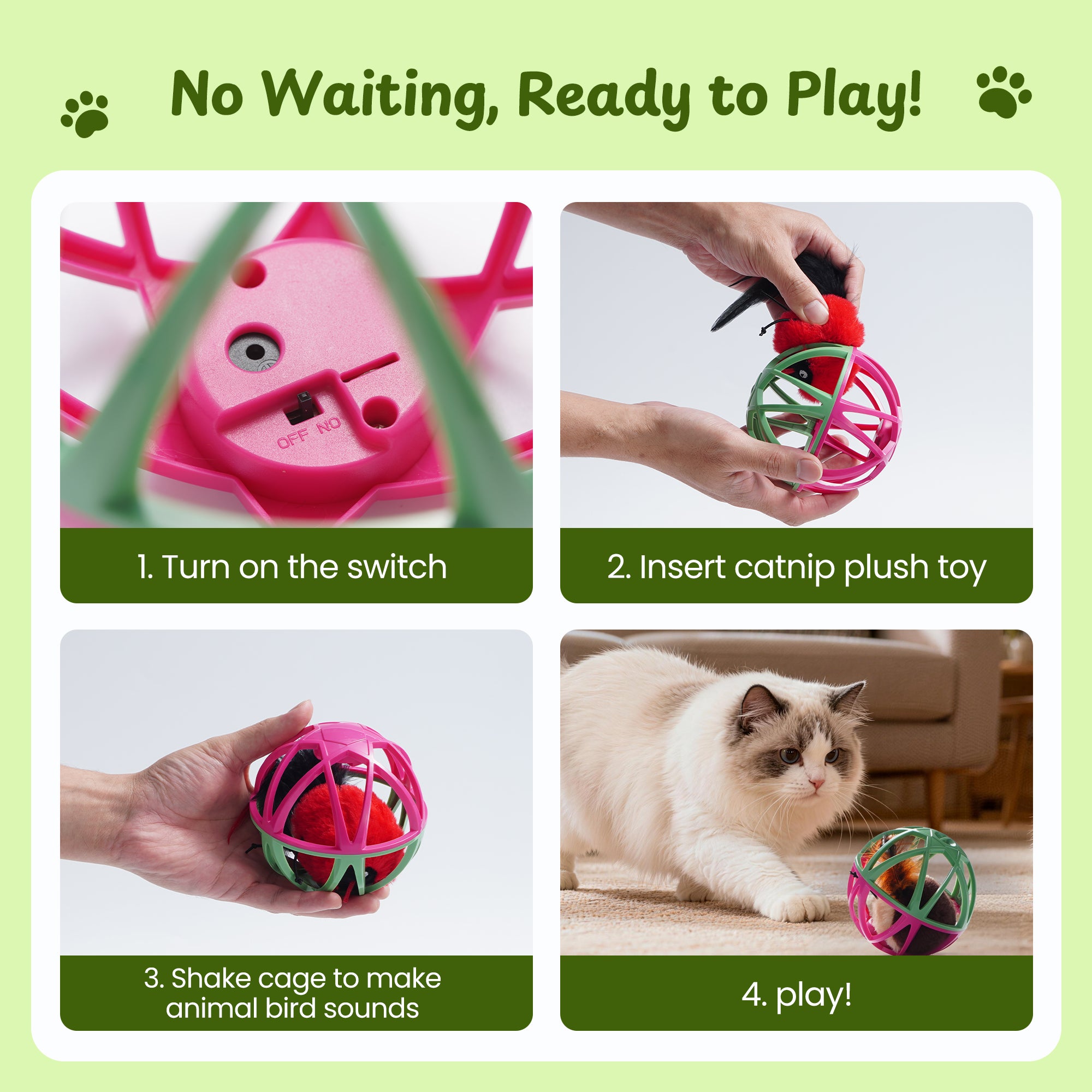 Twittering Rolling Ball Cat Toy with 2 Pack Catnip Birds