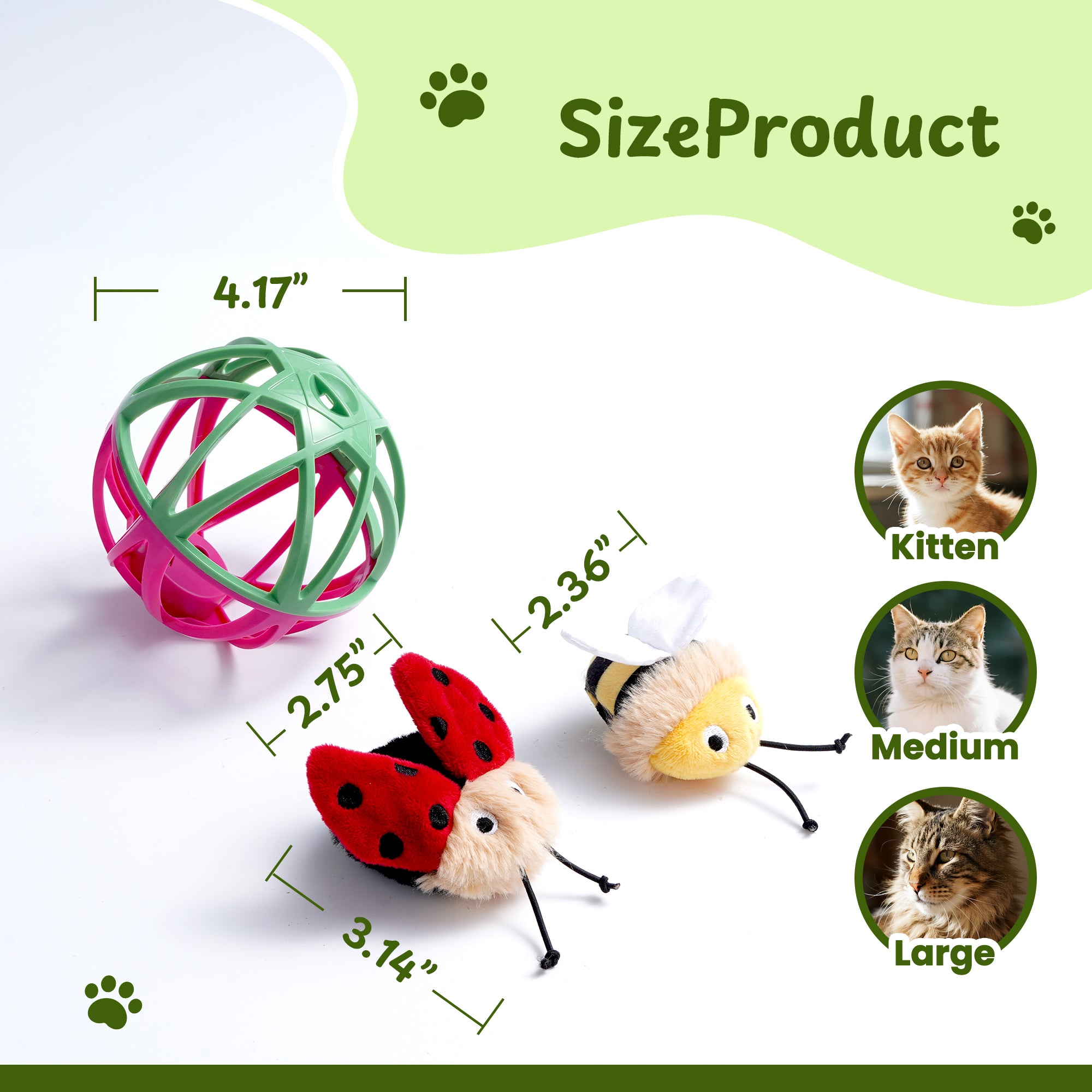 Twittering Rolling Ball Cat Toy with 2 Pack Catnip Bugs